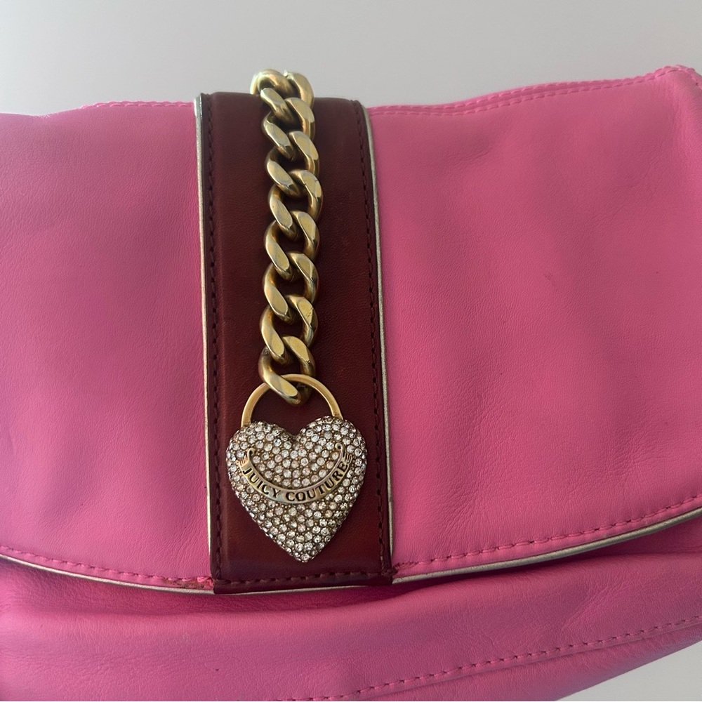 Y2K Juicy Couture Barbie Pink Leather Flap Shoulder Bag with Crystal Heart - Picture 7 of 11